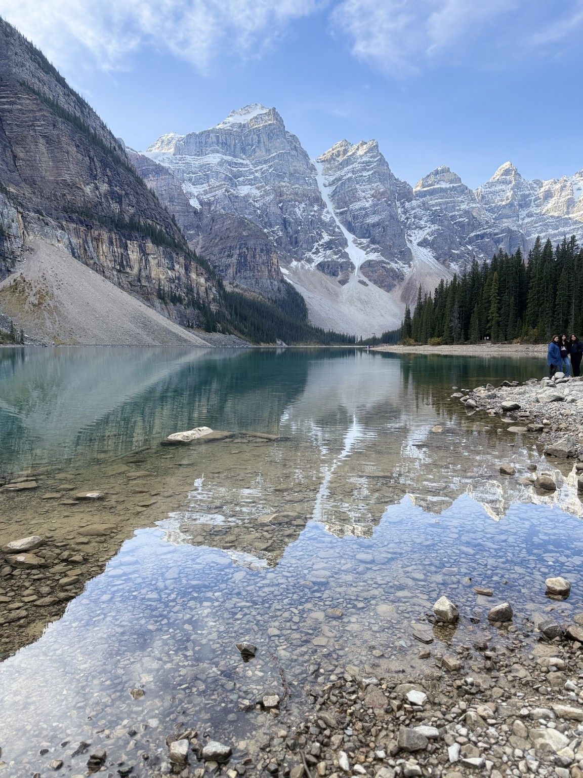 Clear shallows and mountain reflections at Moraine Lake